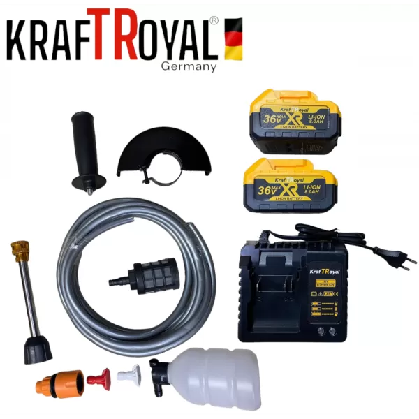5в1 универсален комплект с 5 приставки, сменяеми глави KRAFTROYAL 36V: водоструйка, винтоверт, гайковерт-импакт, перфоратор и ъглошлайф – акумулаторен инструмент с 2 батерии