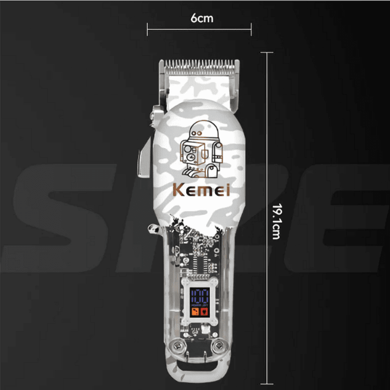 Професионална машинка за подстригване Kemei KM-2137, 8W, 5 приставки, LCD дисплей, R-образен закръглен нож, Регулиране на дължината на острието, Бял/Сив