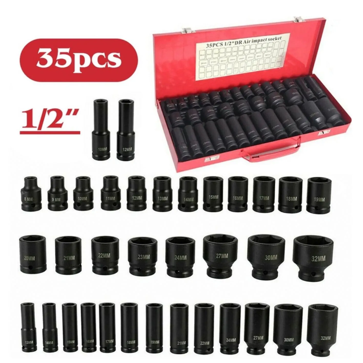 Комплект Ударни Вложки 1/2″ KraftRoyal 35 Части – стандартни + дълбоки вложки от 8 до 32 мм. 99.00лв.