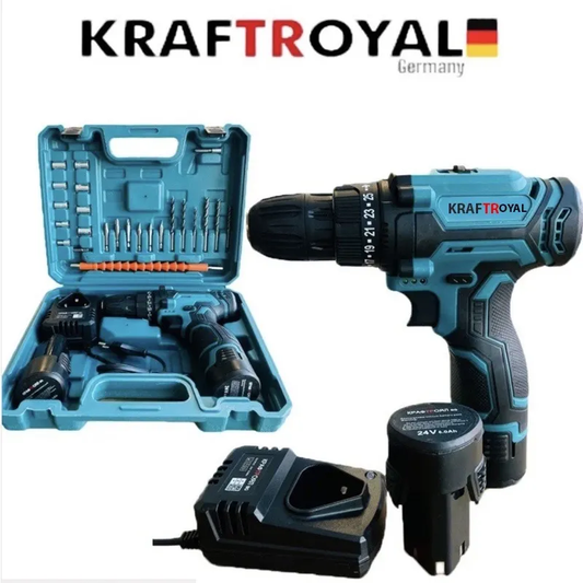 Акумулаторен Ударен винтоверт KraftRoyal 24v. – 6A. – с 2 скорости с 2 батерии и зарядно в куфар