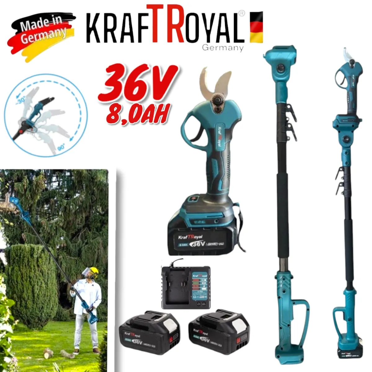 Акумулаторна лозарска ножица KraftRoyal 36V 8AH с Телескопичен прът 2.5м