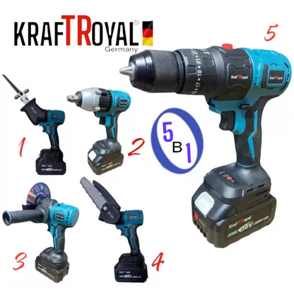 5в1 универсален комплект с 5 приставки, сменяеми глави KRAFTROYAL 36V 8AH: винтоверт, гайковерт, саблен трион, резачка за клони и ъглошлайф