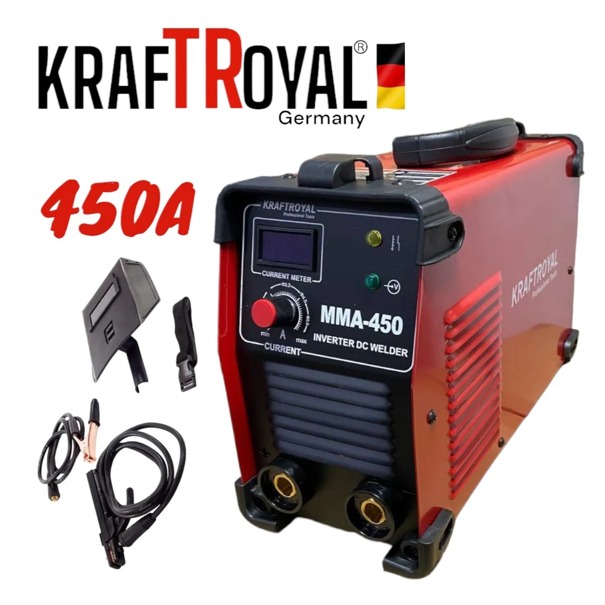 Професионален Инверторен Електрожен KRAFTROYAL. 450A с LCD дисплей. MMA , IGBT. Anti stick. Функция.