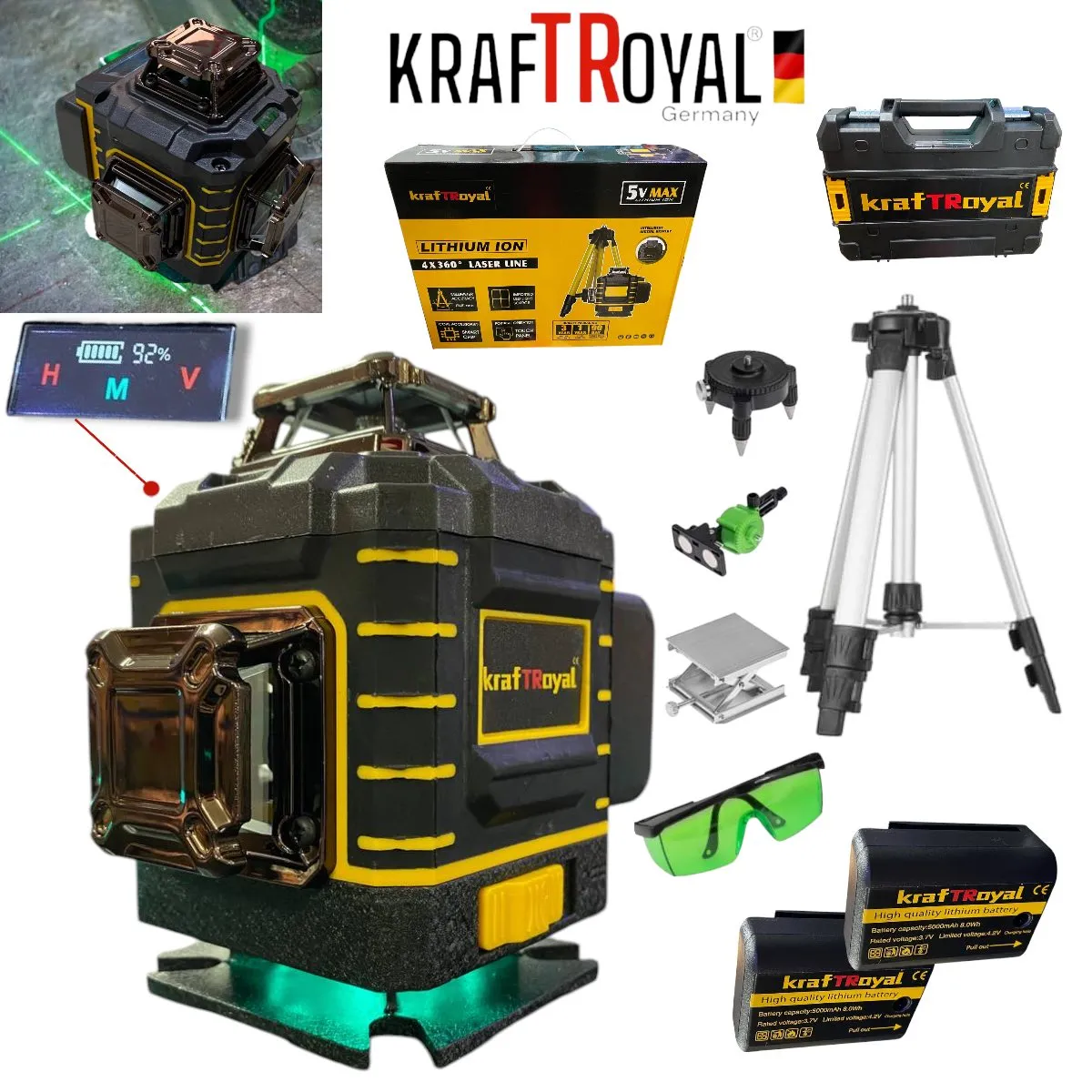 4D ЛАЗЕРЕН НИВЕЛИР с 16 линии KRAFTROYAL самонивилиращ се, със зелен лазер и трипод + индикатор на батерията.