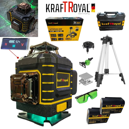 4D ЛАЗЕРЕН НИВЕЛИР с 16 линии KRAFTROYAL самонивилиращ се, със зелен лазер и трипод + индикатор на батерията.