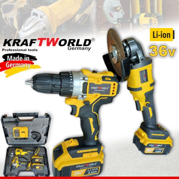 Акумулаторни Ударен Винтоверт и Безчетков Ъглошлайф KraftWorld 36V,8Ah