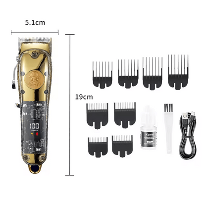 Професионална машинка за подстригване Kemei KM-1829, 8W, 8 приставки, USB зареждане, Цифров дисплей, Регулируем подвижен нож, Черен/Златен