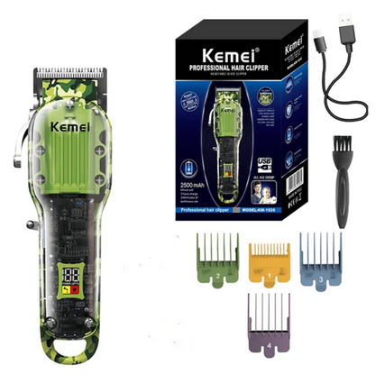Професионална машинка за подстригване Kemei KM-1926, 8W, Прозрачен корпус, LCD дисплей, R-образен филетен нож, Литиева батерия, Зелен/Черен