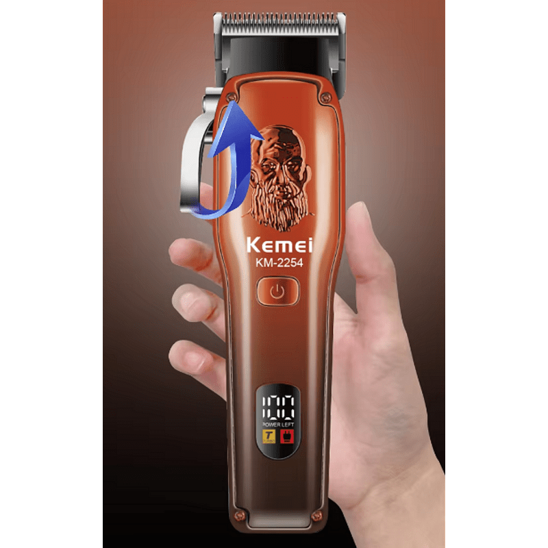 Професионална машинка за подстригване Kemei KM-2254, 5W, 4 приставки, Две предавки, LED дисплей, Регулиране на движещия се нож, Стоманена режеща глава, Червен/Черен