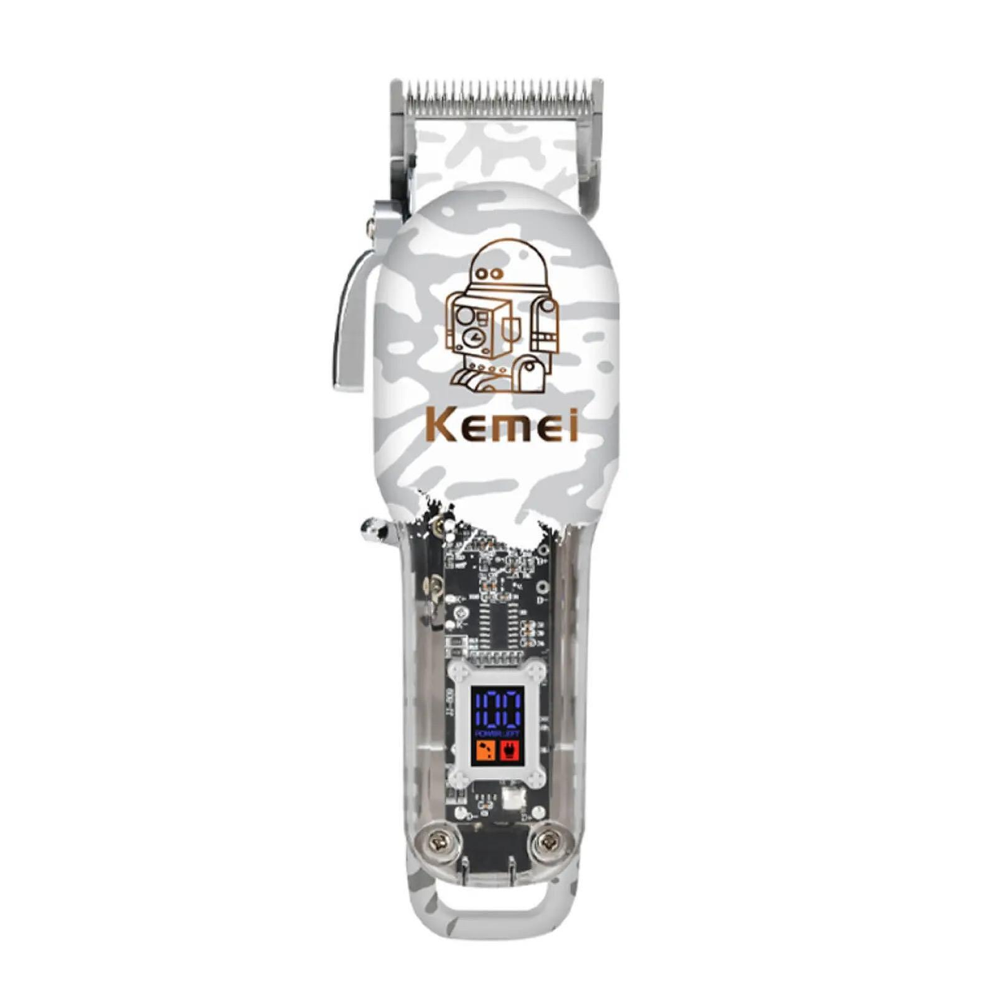 Професионална машинка за подстригване Kemei KM-2137, 8W, 5 приставки, LCD дисплей, R-образен закръглен нож, Регулиране на дължината на острието, Бял/Сив