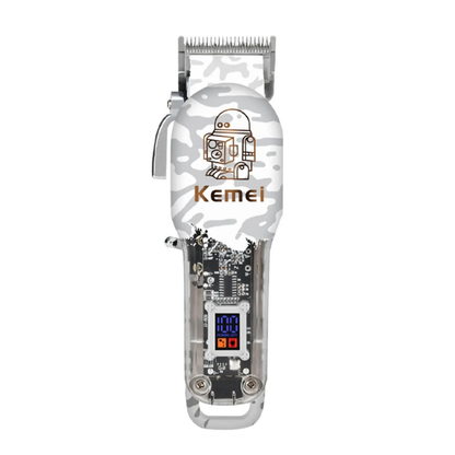 Професионална машинка за подстригване Kemei KM-2137, 8W, 5 приставки, LCD дисплей, R-образен закръглен нож, Регулиране на дължината на острието, Бял/Сив