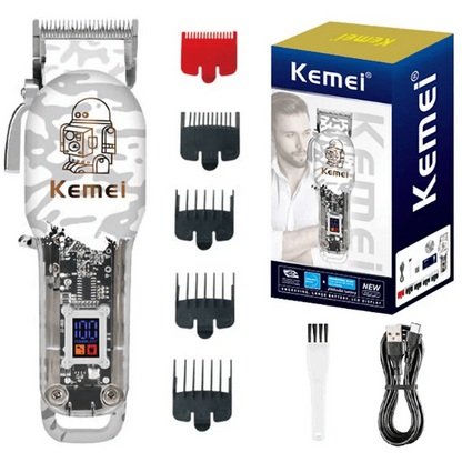 Професионална машинка за подстригване Kemei KM-2137, 8W, 5 приставки, LCD дисплей, R-образен закръглен нож, Регулиране на дължината на острието, Бял/Сив