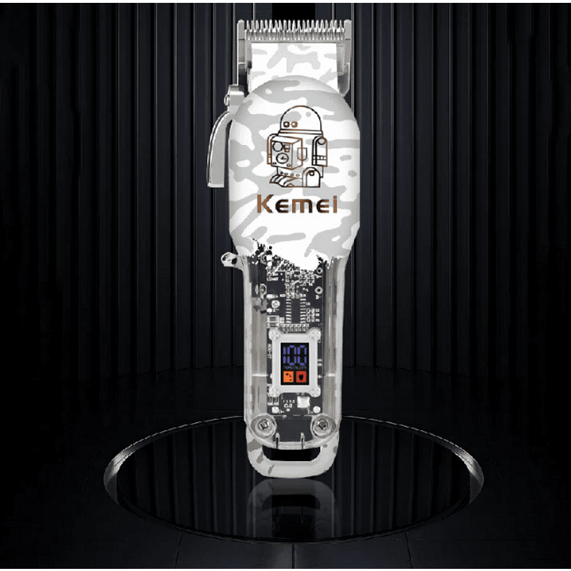 Професионална машинка за подстригване Kemei KM-2137, 8W, 5 приставки, LCD дисплей, R-образен закръглен нож, Регулиране на дължината на острието, Бял/Сив