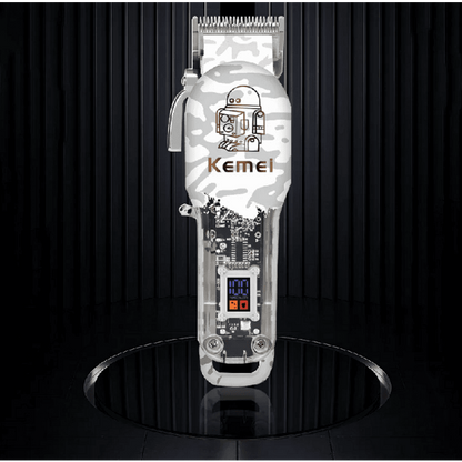 Професионална машинка за подстригване Kemei KM-2137, 8W, 5 приставки, LCD дисплей, R-образен закръглен нож, Регулиране на дължината на острието, Бял/Сив