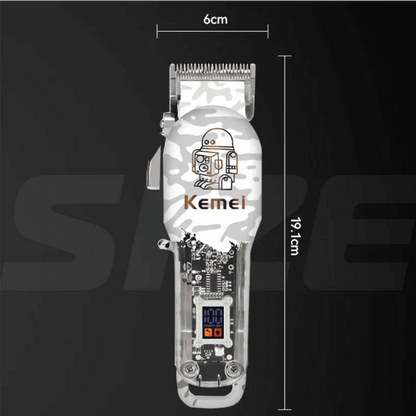 Професионална машинка за подстригване Kemei KM-2137, 8W, 5 приставки, LCD дисплей, R-образен закръглен нож, Регулиране на дължината на острието, Бял/Сив